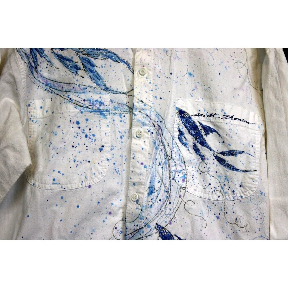 90s Diane St Thomas Hand Painted Shirt Koi Fish Silver Sparkle Splatter Paint - Picture 4 of 14